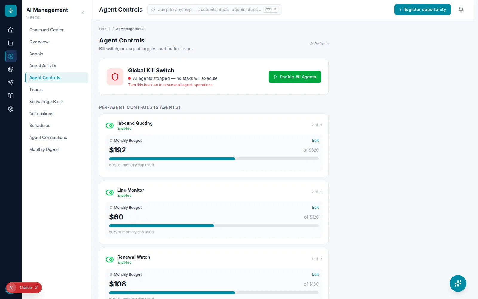Partner Hub agent controls — per-agent budgets and kill switch
